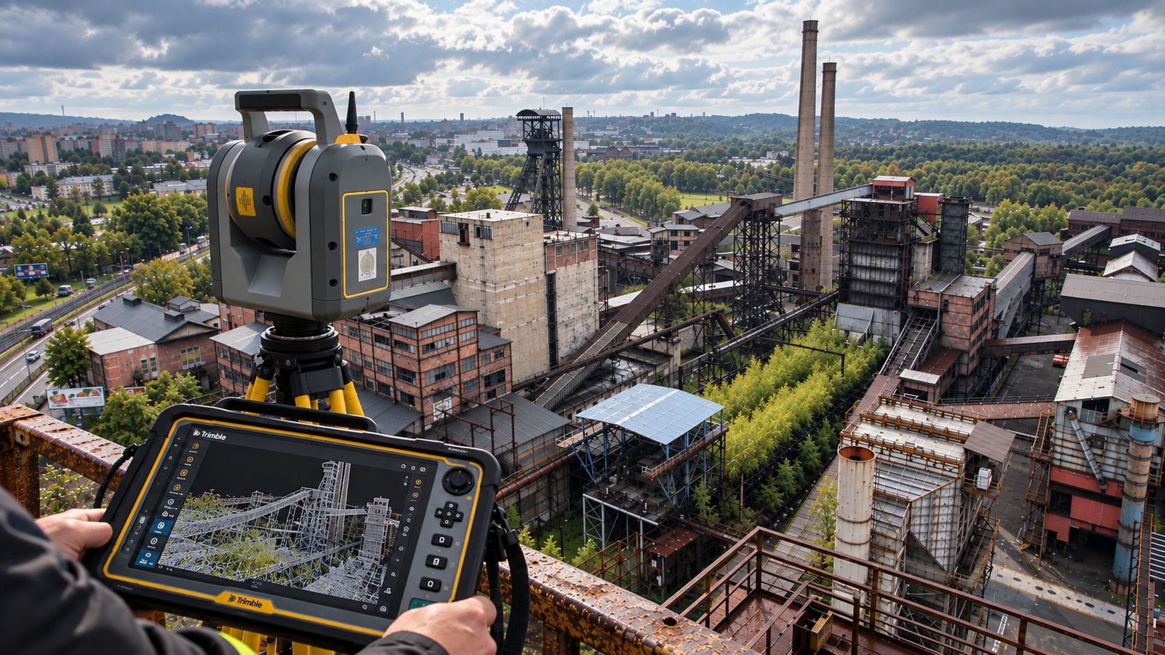 Skenovací totální stanice Trimble nad industriálním areálem v Ostravě, geodet drží tablet s mračnem bodů