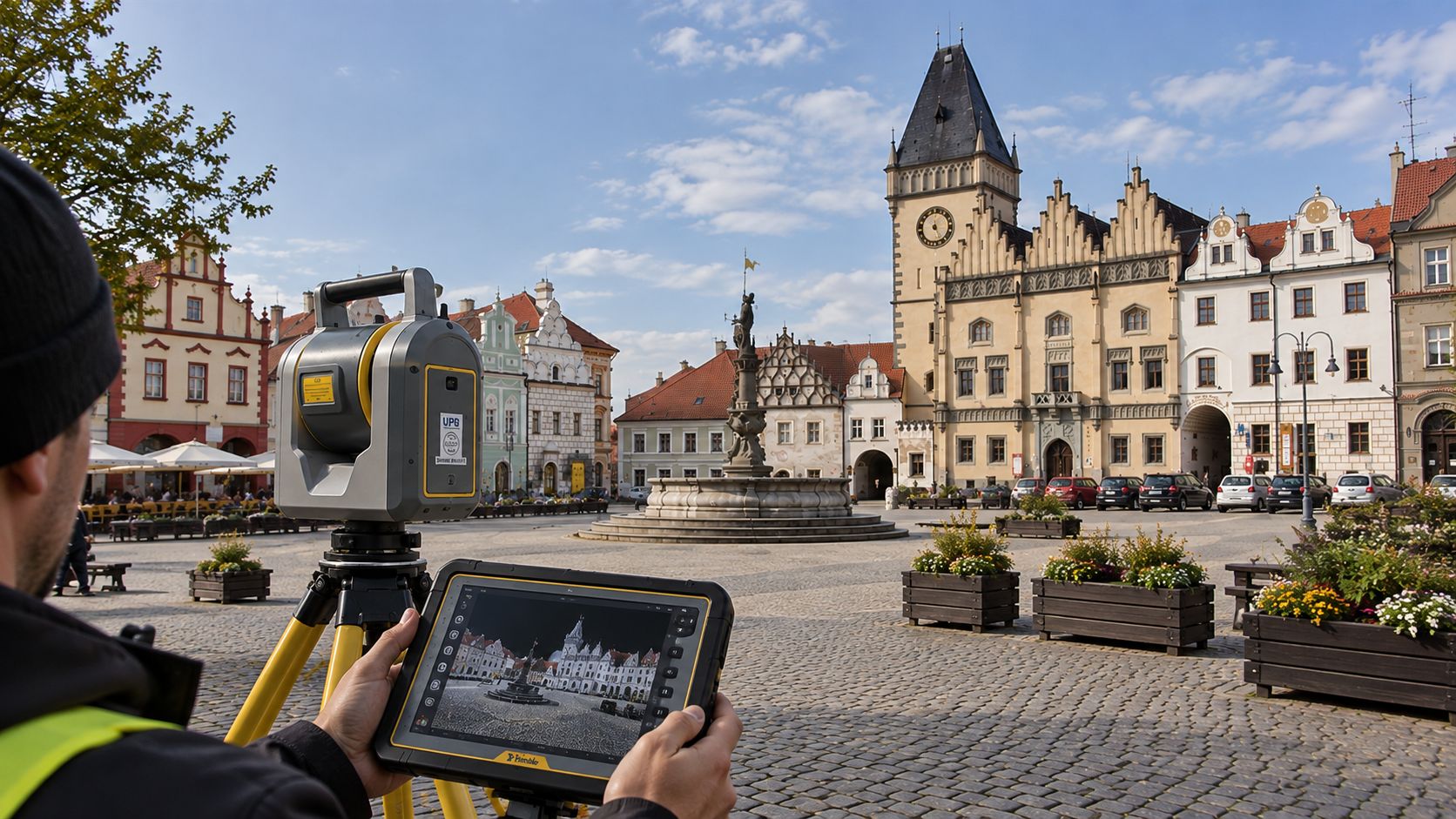 Geodet s totální stanicí Trimble a tabletem na Žižkově náměstí v Táboře